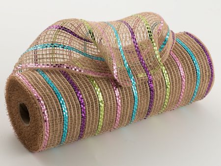 10  Poly Jute Deco Mesh: Natural & Pastel Metallic Stripe (10 Yards) Online now