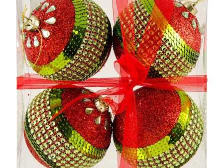 100MM Round Ball Ornaments (Set of 4): Red & Lime Green Glitter Stripe Hot on Sale