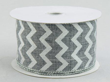 2.5  Grey Canvas Ribbon With Metallic Silver Chevron Pattern (10 yards) on Sale