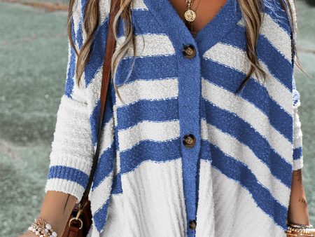 Blue Stripe V Neck Buttoned High Low Sweater Cardigan Online Sale