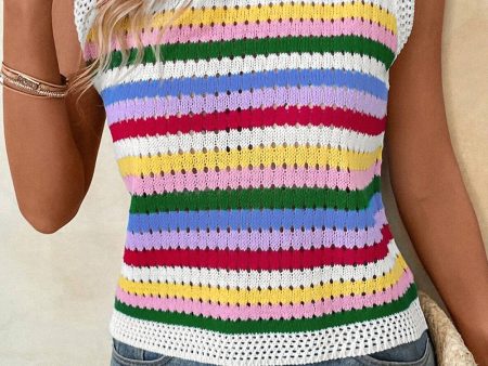 Multicolour Striped Knitted Eyelet Slim Sweater Vest For Discount