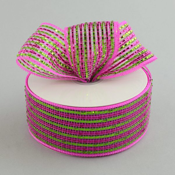 2.5  Poly Deco Mesh Ribbon: Deluxe Wide Foil Lime Pink Stripe Sale