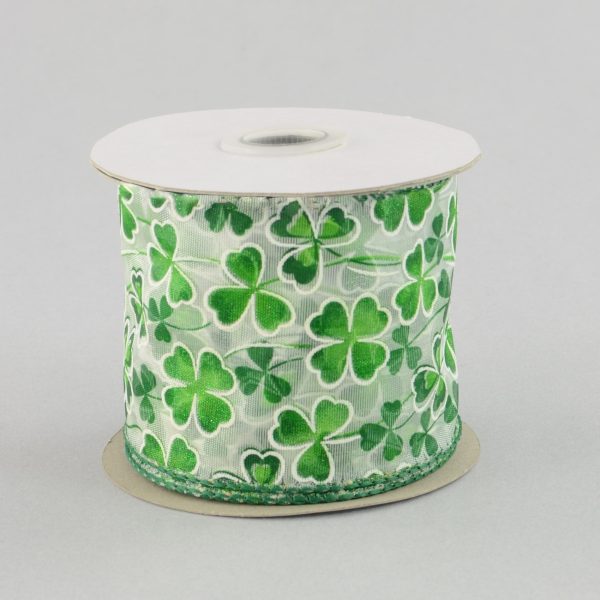 2.5  Sheer Clover Ribbon: White & Green (10 Yards) For Cheap