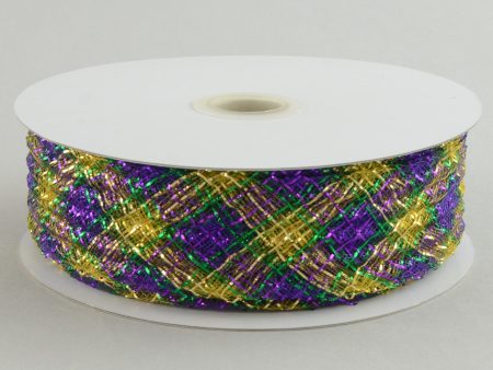 1.5  Deco Flex Mesh Ribbon: Purple Green Gold Plaid (30 Yards) Online Sale