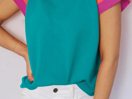 Turquoise Contrast Flutter Sleeves Knitted Sweater T Shirt on Sale