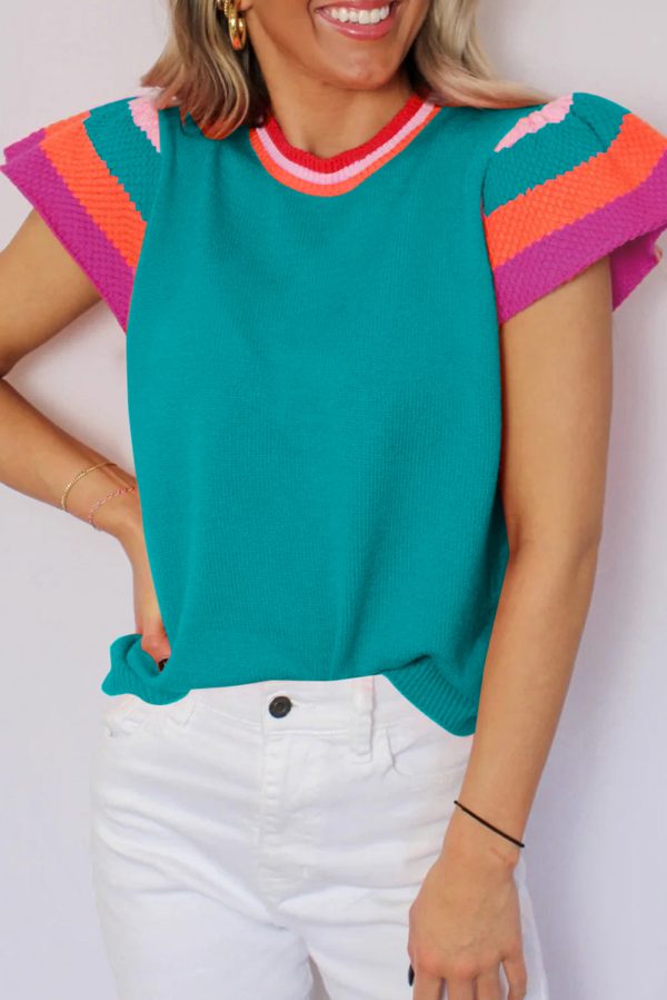 Turquoise Contrast Flutter Sleeves Knitted Sweater T Shirt on Sale