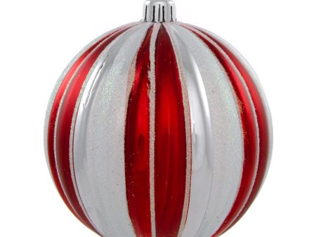 100MM Round Vertical Stripe Metallic Ball Ornament: Red, White & Silver Stripe For Cheap