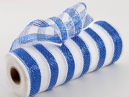 10  Poly Deco Mesh: Metallic White Blue Stripe Cheap