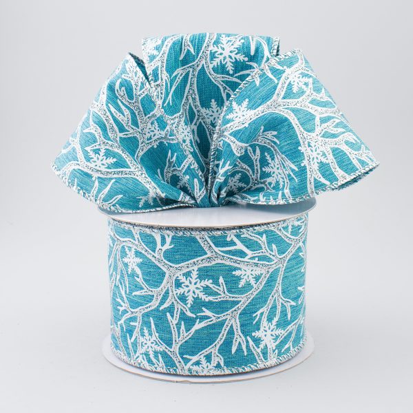 2.5  Glitter Snowflake Branch Canvas Ribbon: Turquoise, White, Silver (10 Yards) Cheap