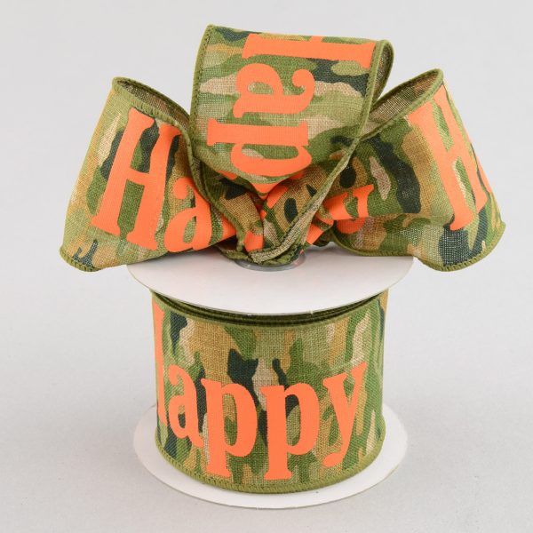 2.5  Camouflage Happy Happy Woven Ribbon: Woodland Green & Tan (10 Yards) Fashion