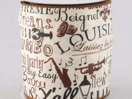 4  Ivory Satin Louisiana Cajun Print Ribbon (10 Yards) on Sale