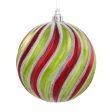 100MM Round Swirl Stripe Metallic Ball Ornament: Lime Green, Red & White For Sale