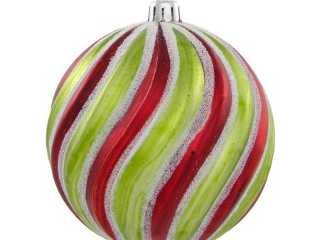 100MM Round Swirl Stripe Metallic Ball Ornament: Lime Green, Red & White For Sale