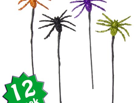 10  Metallic Glitter Spider Picks: Purple, Lime, Black, Orange (12) For Sale