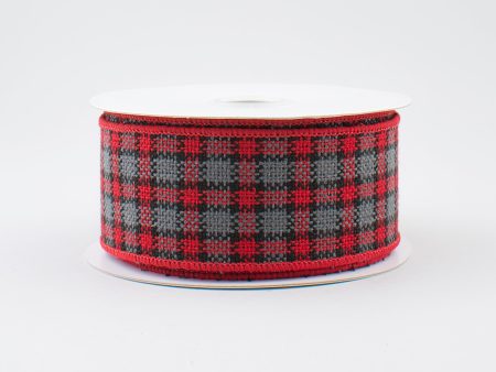 1.5  Red & Grey Plaid Faux Burlap Ribbon (10 Yards) on Sale