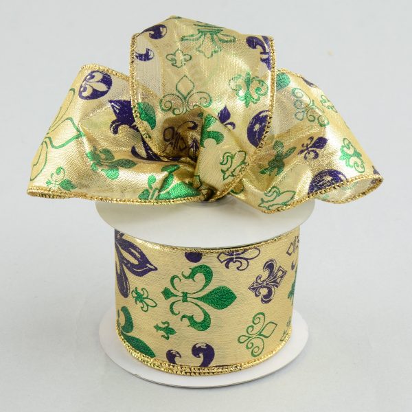 2.5  Gold Lamé Fleur De Lis Print Ribbon: Mardi Gras (10 Yards) Online