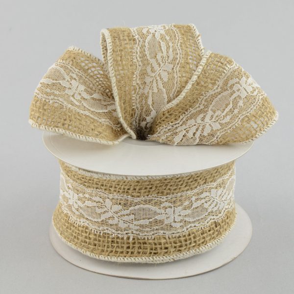 2.5  Burlap & White Lace Ribbon (10 Yards) For Sale