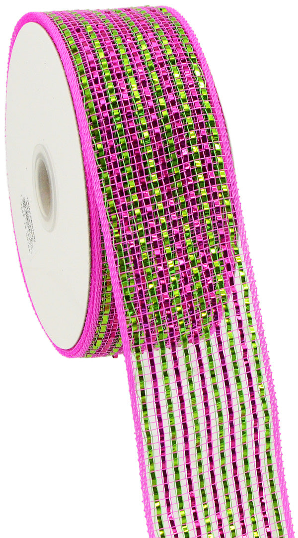 2.5  Poly Deco Mesh Ribbon: Deluxe Wide Foil Lime Pink Stripe Sale