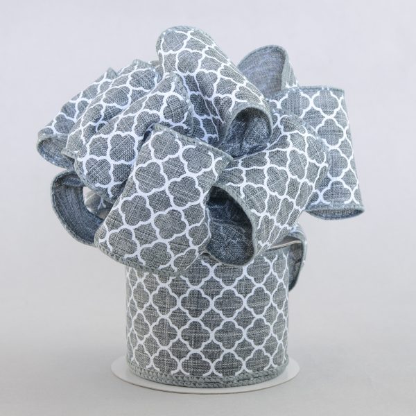 2.5  Quatrefoil Ribbon: Grey & White (10 Yards) For Sale