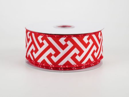 1.5  Satin Geometric Greek Fret Ribbon: White & Red (10 Yards) Discount