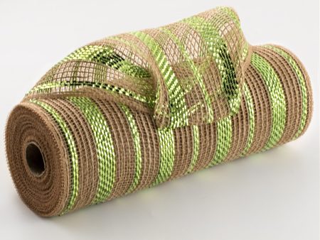 10  Poly Jute Deco Mesh: Natural & Metallic Lime Green Pinstripe (10 Yards) Online now