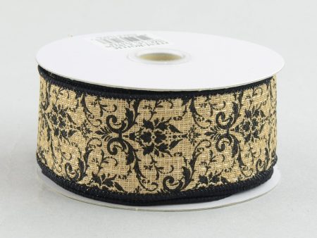 1.5  Faux Burlap Black Damask Print Ribbon (10 Yards) For Sale