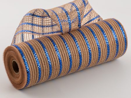 10  Poly Jute Deco Mesh: Natural & Royal Blue Metallic Stripe (10 Yards) Hot on Sale