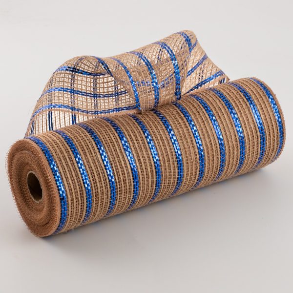 10  Poly Jute Deco Mesh: Natural & Royal Blue Metallic Stripe (10 Yards) Hot on Sale