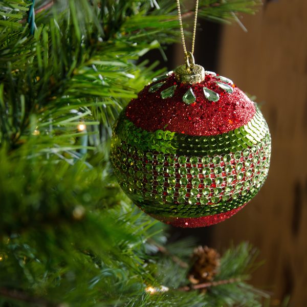 100MM Round Ball Ornaments (Set of 4): Red & Lime Green Glitter Stripe Hot on Sale