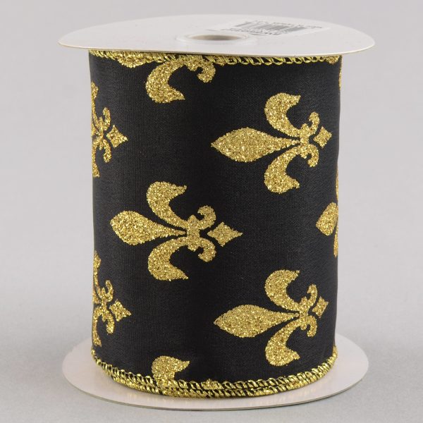 4  Black & Gold Fleur De Lis Ribbon (10 Yards) Hot on Sale