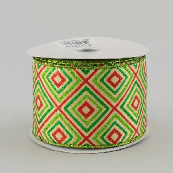 2.5  Glitter Diamond Ribbon: Tan, Red, Lime, Green (10 Yards) Online now