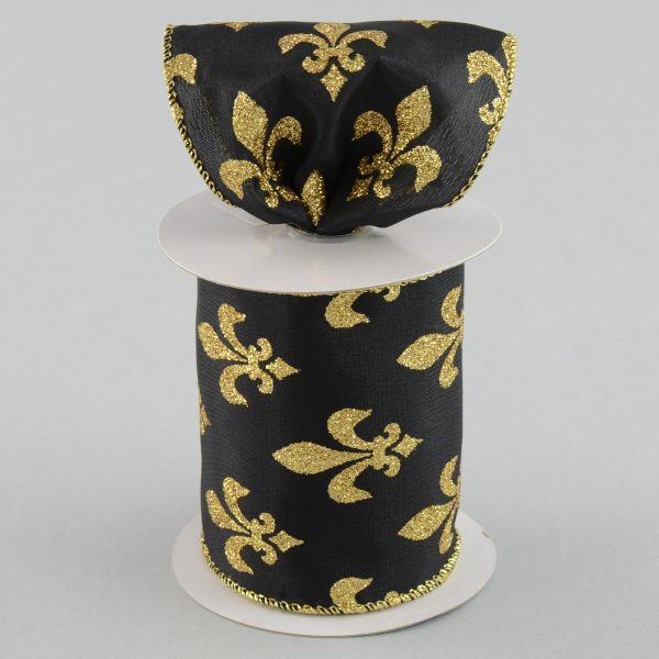 4  Black & Gold Fleur De Lis Ribbon (10 Yards) Hot on Sale