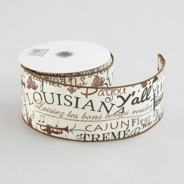 2.5  Ivory Satin Louisiana Cajun Print Ribbon (10 Yards) Online