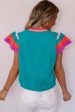 Turquoise Contrast Flutter Sleeves Knitted Sweater T Shirt on Sale