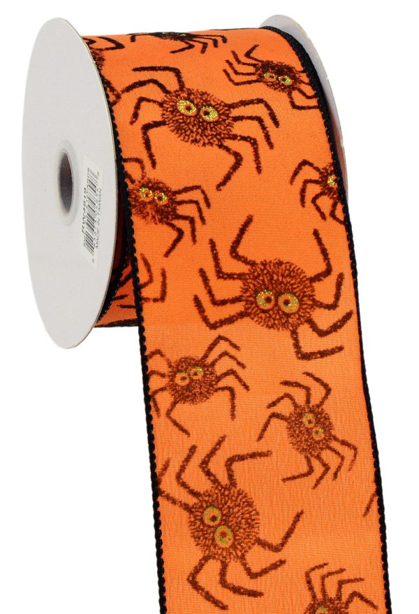 2.5  Orange Flocked Spider Ribbon (10 Yards) For Discount