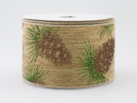 2.5  Natural Canvas Glittered Pinecone Ribbon (10 Yards) Discount