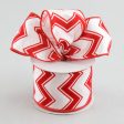 2.5  White & Red Flocked Chevron Ribbon (10 Yards) For Cheap