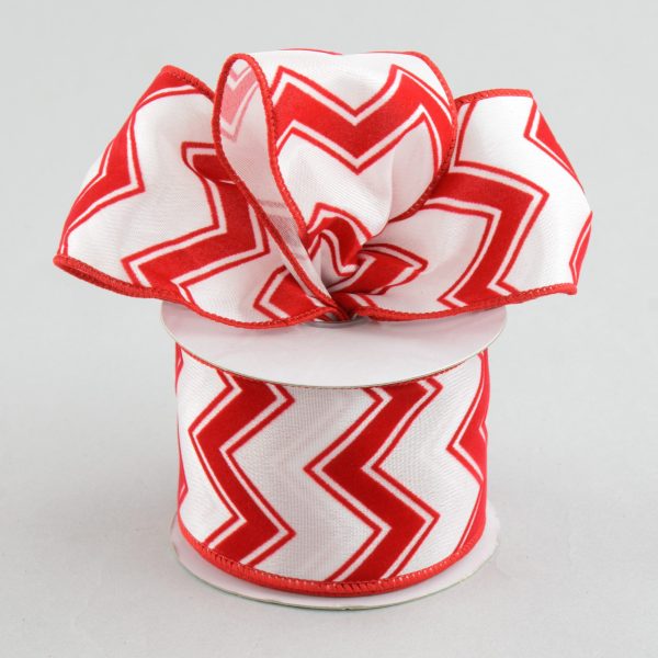 2.5  White & Red Flocked Chevron Ribbon (10 Yards) For Cheap