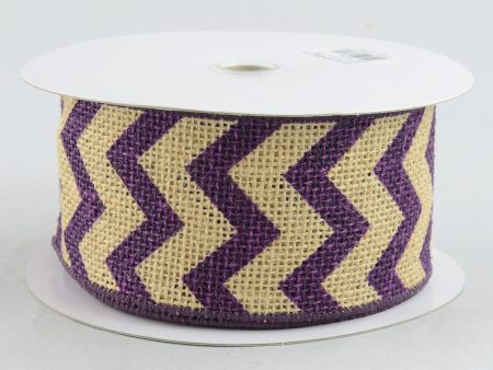 2.5  Natural Burlap Ribbon With Purple Chevron Pattern (10 Yards) For Discount