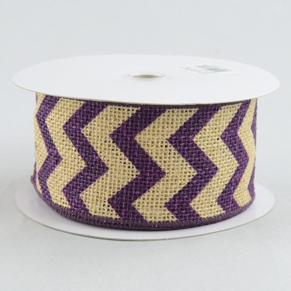 2.5  Natural Burlap Ribbon With Purple Chevron Pattern (10 Yards) For Discount