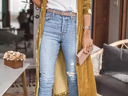 Yellow Velvet Open Front Pocketed Long Duster Discount