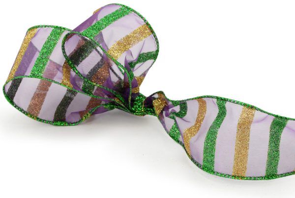 2.5  Sheer Glitter Stripe Mardi Gras Ribbon (10 Yards) Online