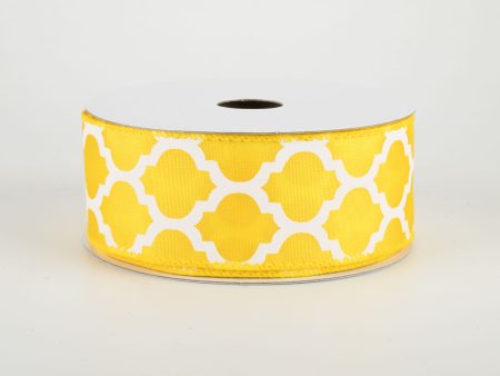 1.5  Satin Quatrefoil Lattice Ribbon: Yellow & White (10 Yards) For Sale