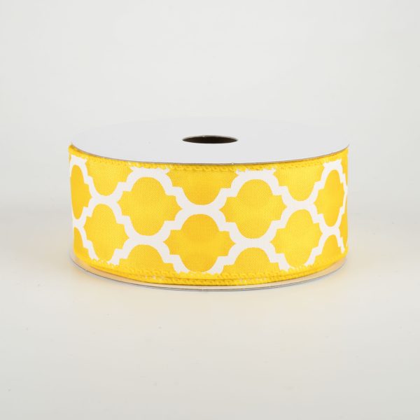 1.5  Satin Quatrefoil Lattice Ribbon: Yellow & White (10 Yards) For Sale