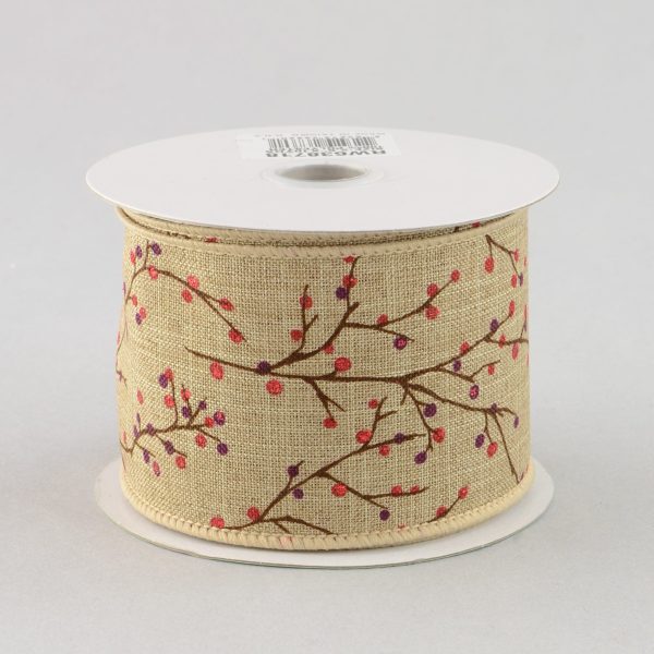 2.5  Faux Linen Berry Branch Ribbon (10 Yards) Sale