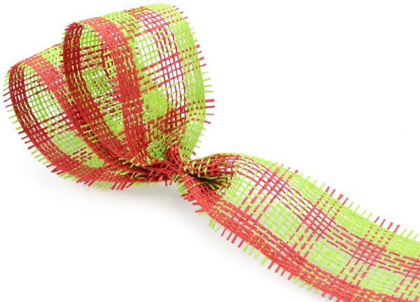 2.5  Paper Mesh Ribbon: Lime Green Red Plaid (20 Yards) Discount