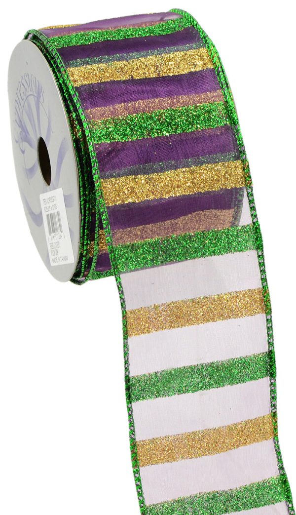 2.5  Sheer Glitter Stripe Mardi Gras Ribbon (10 Yards) Online