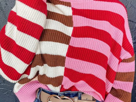 Pink Stripe Color Block High Neck Drop Shoulder Loose Sweater Online