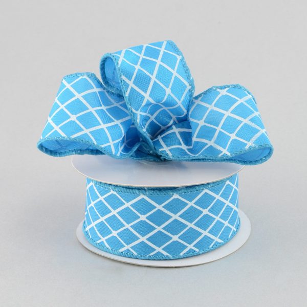 1.5  White Trellis Diamond Pattern Ribbon: Turquoise Blue Online Sale