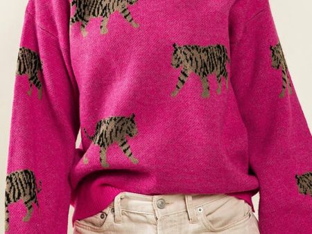 Rose Red Fierce Animal Pattern Casual Knitted Sweater Hot on Sale